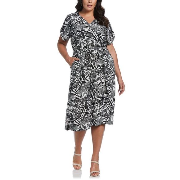 Plus Size Zebra Print V-Neck Sleeveless Midi Dress with Self Fabric Tie - Picture 1 of 1